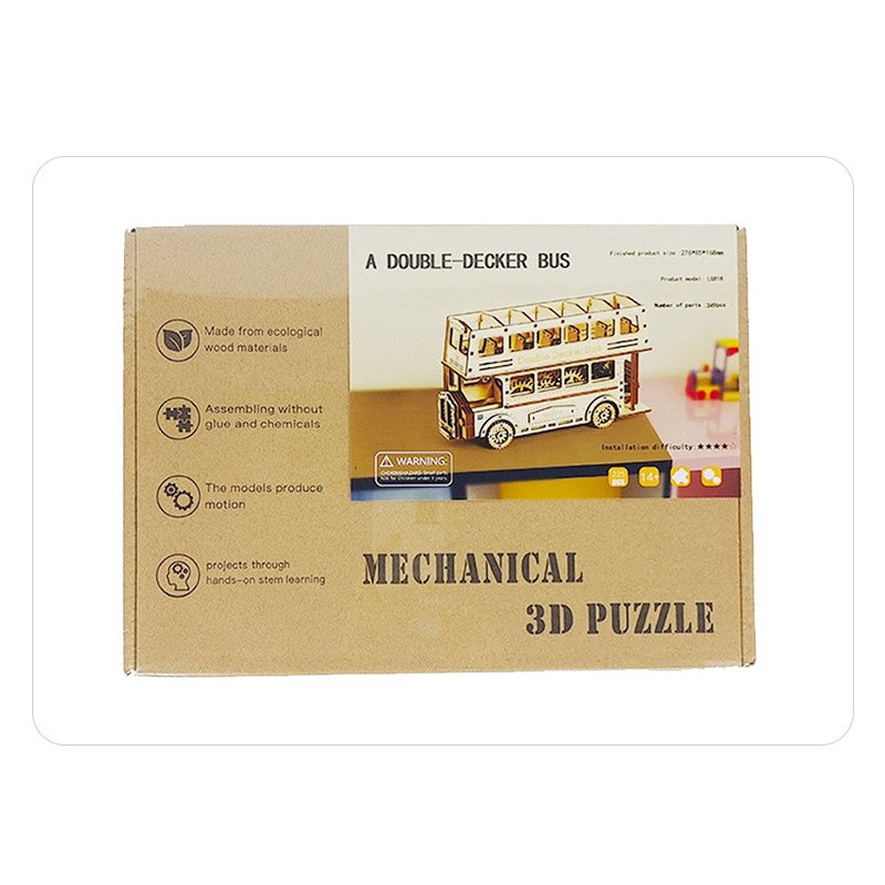 3D Wood Puzzle Double Decker Bus Assembly Popular Gift Gear Driven Mechanical Brain Teaser DIY Craft Kit Fun Hobbies Wooden Toy