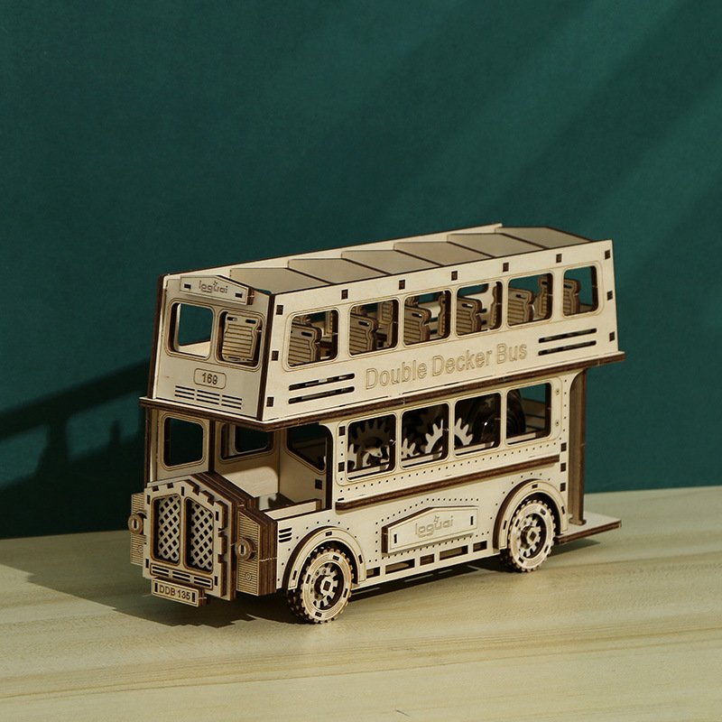 3D Wood Puzzle Double Decker Bus Assembly Popular Gift Gear Driven Mechanical Brain Teaser DIY Craft Kit Fun Hobbies Wooden Toy