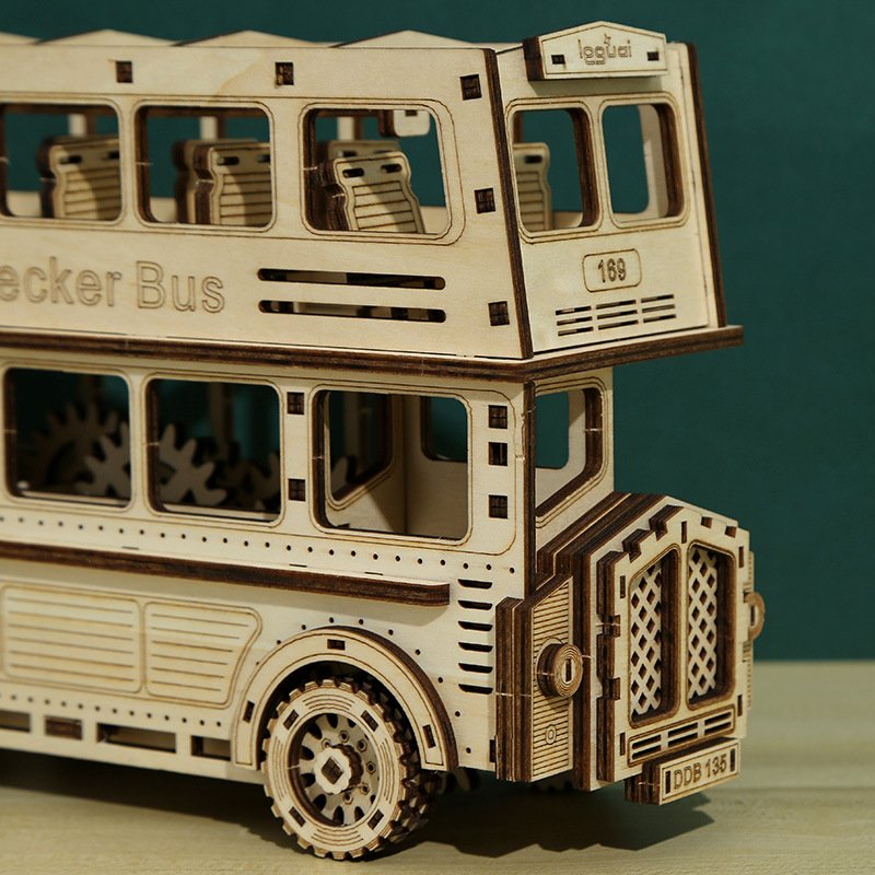 3D Wood Puzzle Double Decker Bus Assembly Popular Gift Gear Driven Mechanical Brain Teaser DIY Craft Kit Fun Hobbies Wooden Toy
