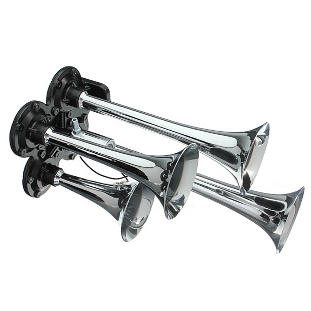 12/24v 4pipe 135db Super Loud Chrome No Rust Triple Trumpet Air Horn Boat Bus Truck Lorry Train Motorcycle Car tank Horn