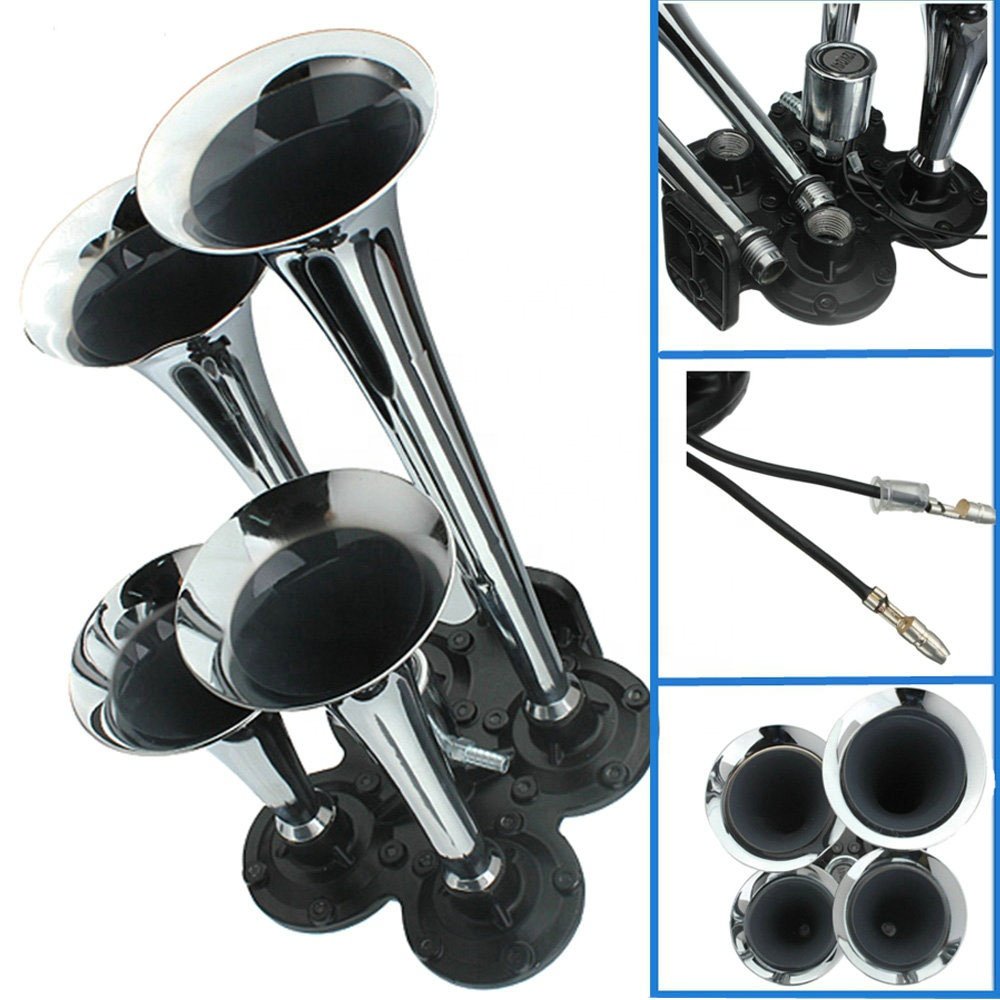 12/24v 4pipe 135db Super Loud Chrome No Rust Triple Trumpet Air Horn Boat Bus Truck Lorry Train Motorcycle Car tank Horn