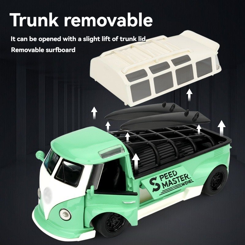 1:32 Diecast Model Cars VW Vintage T1 Bus Pickup with Sound and Light Decorate Ornament Doors Open Metal Model Car Toys