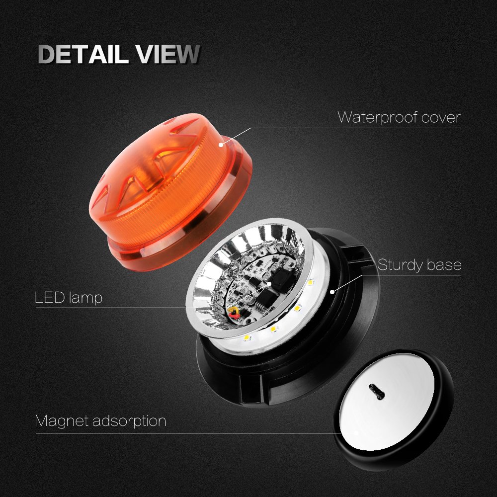 LED-015 Amber LED Beacon Strobe Light Forklift Rooftop Warning Flashing Caution Lights W/Magnetic Base for Construction Vehicles