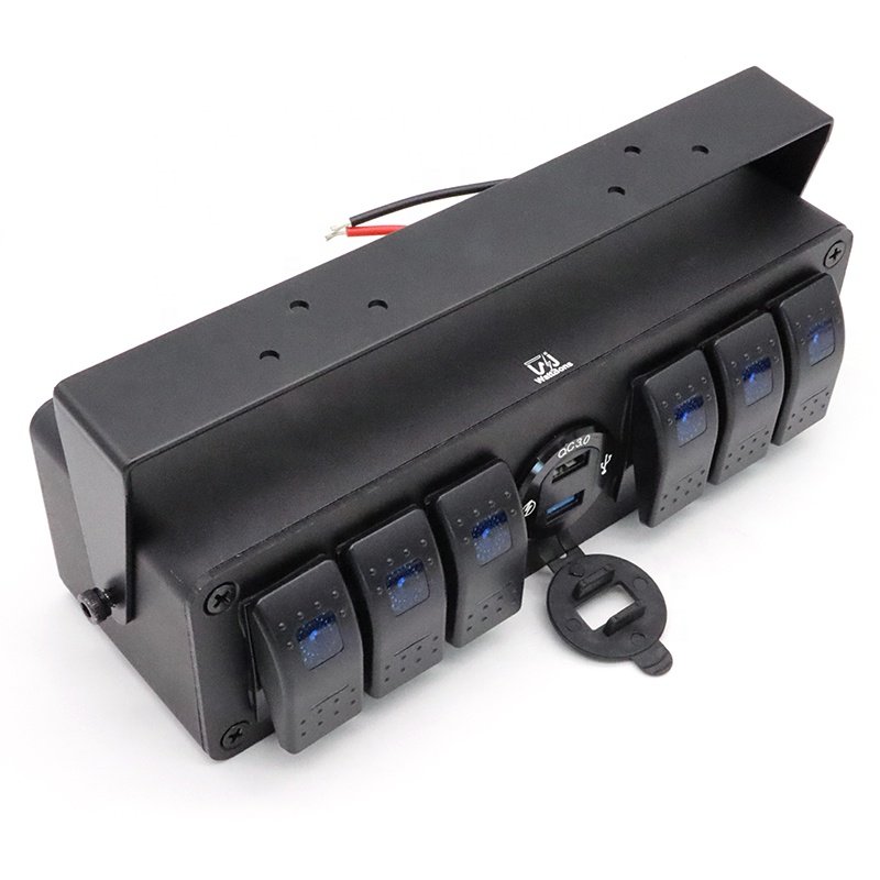 6 Gang Car Rocker Switch Box Waterproof USB Charger Socket Voltmeter 12V Aluminum Rocker Switch Panel for Jeep Wrangler JK JL