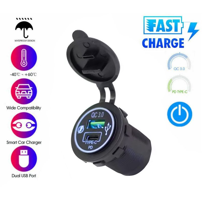 Factory Price QC3.0+PD USB Wall Outlet Car Charger with Led Light for Cars Bus Boat RV ATV Truck Golf Cart