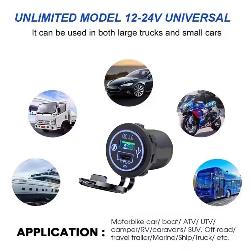 Factory Price QC3.0+PD USB Wall Outlet Car Charger with Led Light for Cars Bus Boat RV ATV Truck Golf Cart