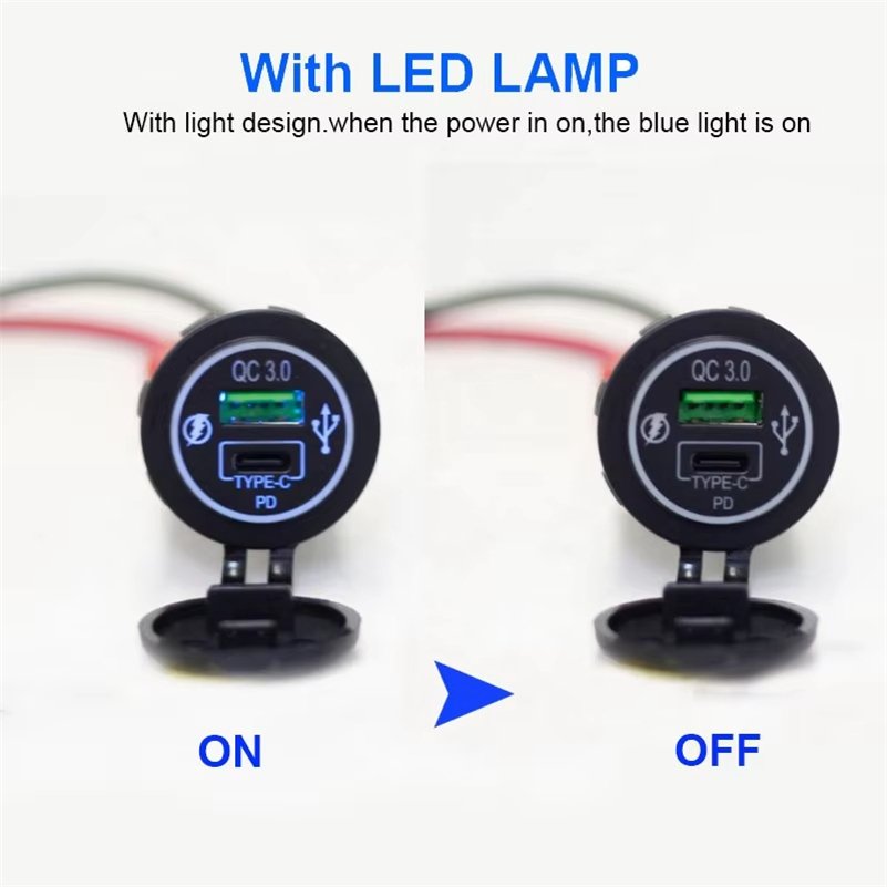 Factory Price QC3.0+PD USB Wall Outlet Car Charger with Led Light for Cars Bus Boat RV ATV Truck Golf Cart