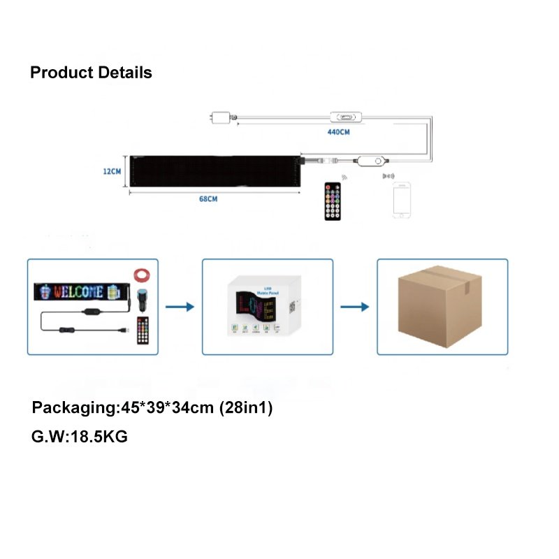 IP66 USB Bluetooth APP DIY Programmable 68cm*12cm Full Color Flexible Pixel Led Display Screen With RC for Advertisement Car