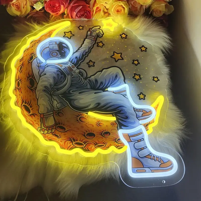 Custom Led UV Printed Spaceman Astronauts Shape with Moon Led Light up Sign Inner Room Wall Light Design for Decoration