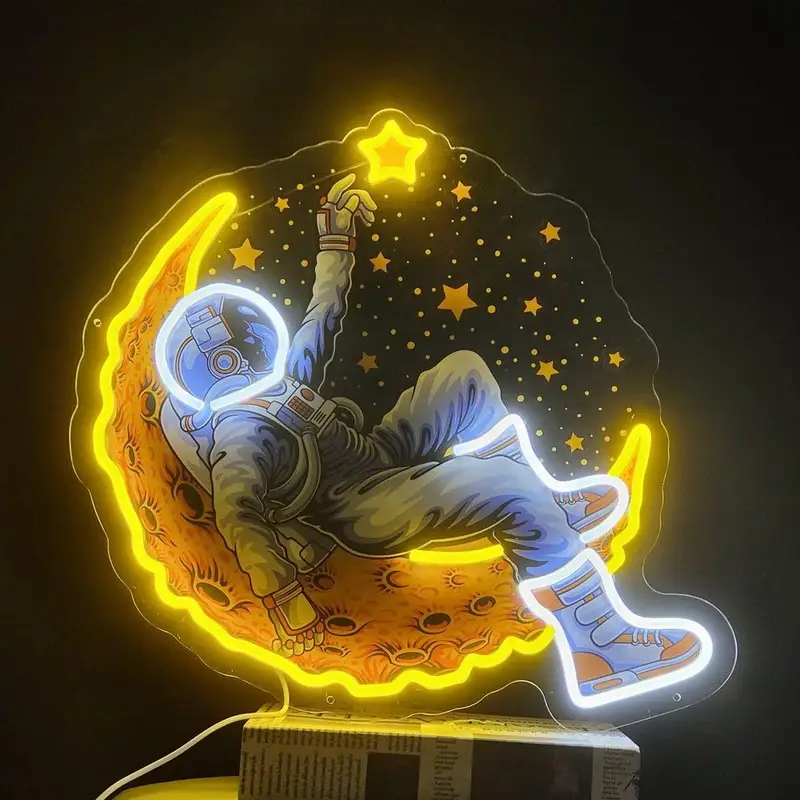 Custom Led UV Printed Spaceman Astronauts Shape with Moon Led Light up Sign Inner Room Wall Light Design for Decoration