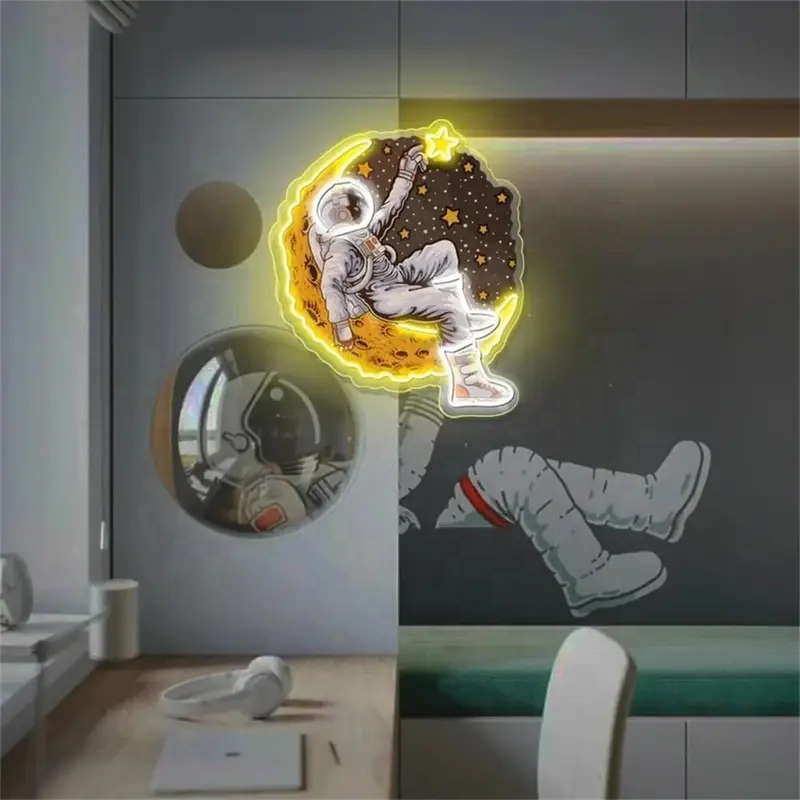 Custom Led UV Printed Spaceman Astronauts Shape with Moon Led Light up Sign Inner Room Wall Light Design for Decoration