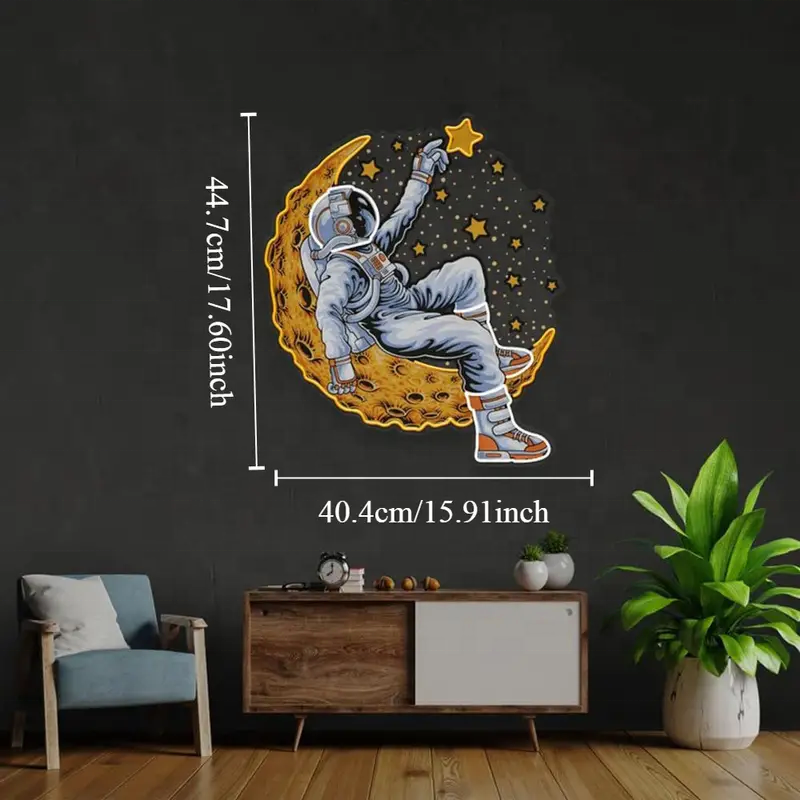 Custom Led UV Printed Spaceman Astronauts Shape with Moon Led Light up Sign Inner Room Wall Light Design for Decoration