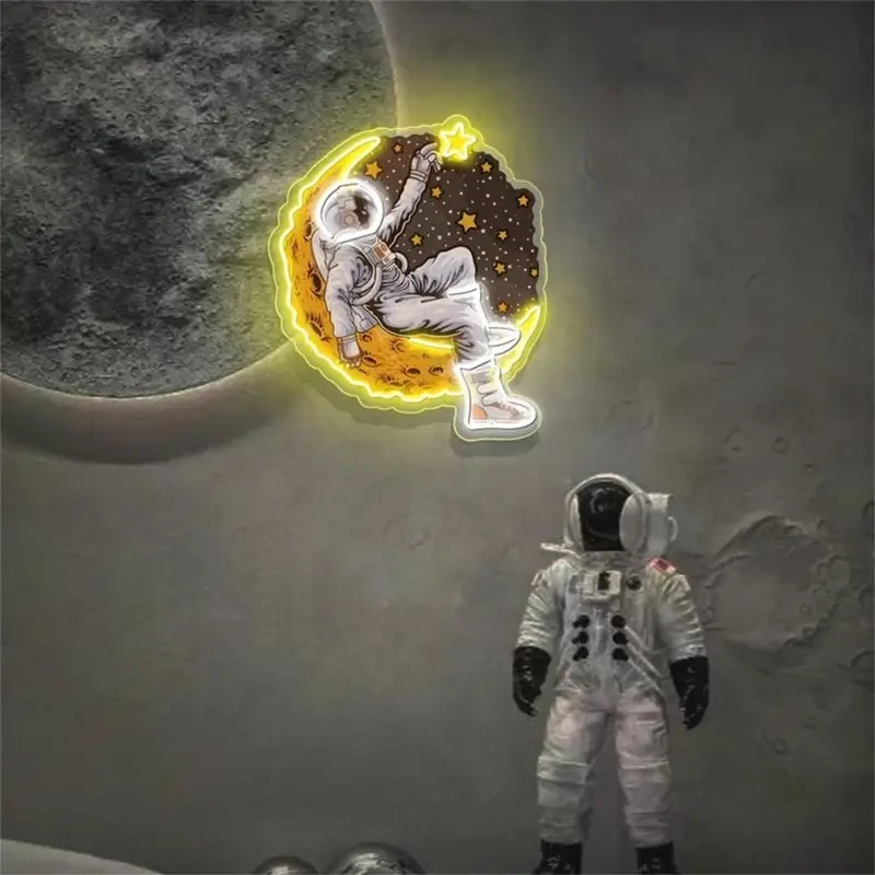 Custom Led UV Printed Spaceman Astronauts Shape with Moon Led Light up Sign Inner Room Wall Light Design for Decoration
