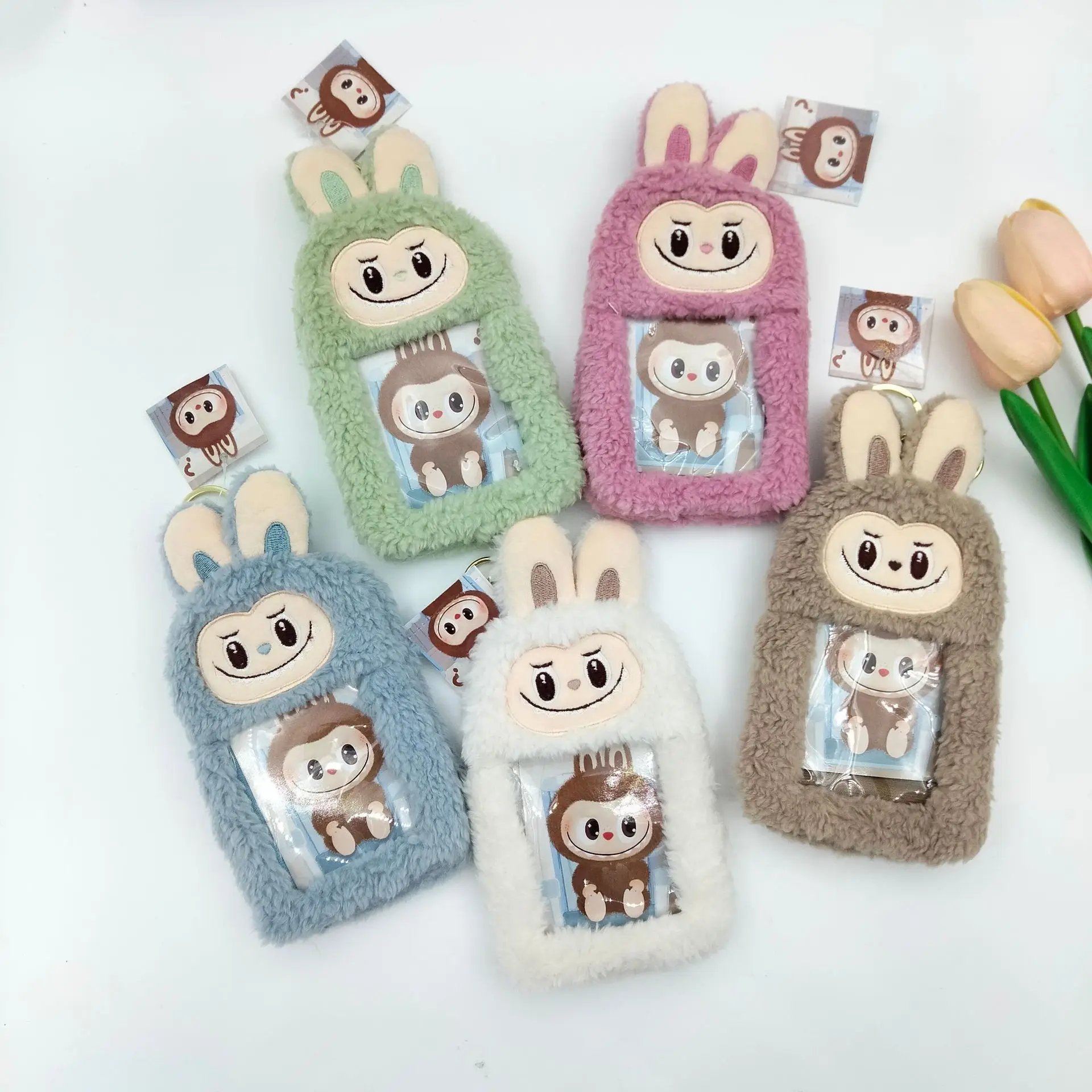12cm New Monter Labubu Plush Keyring Pendants Animal Monkey Bus Card Sleeve Holder Keychain Gifts
