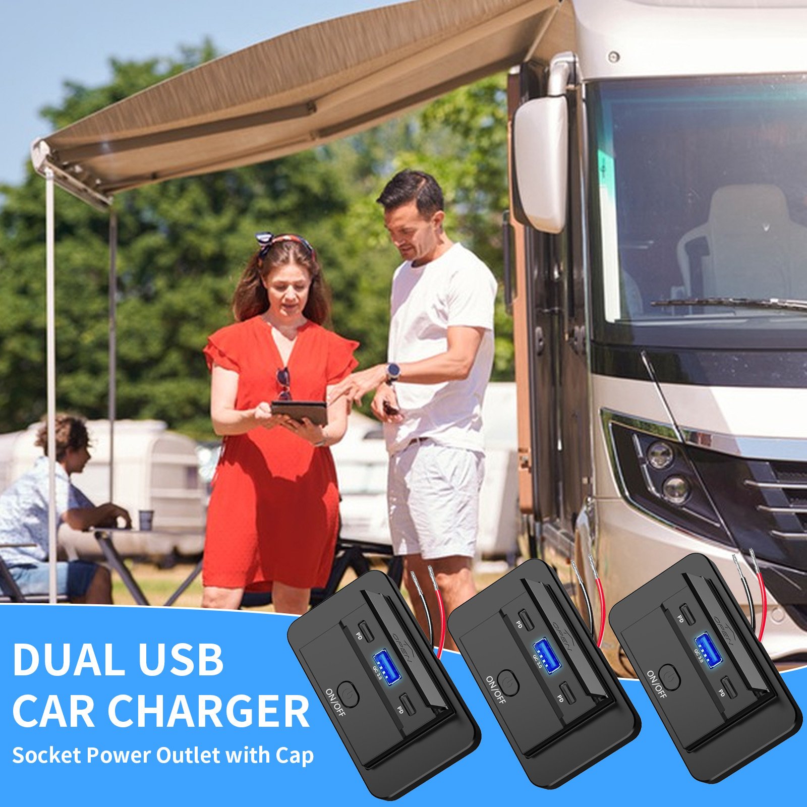 78W RV USB Outlet 12V Socket Dual 30W PD3.0 USB-C and 18W QC3.0 Car USB Port with Button Power Switch for Boat Marine