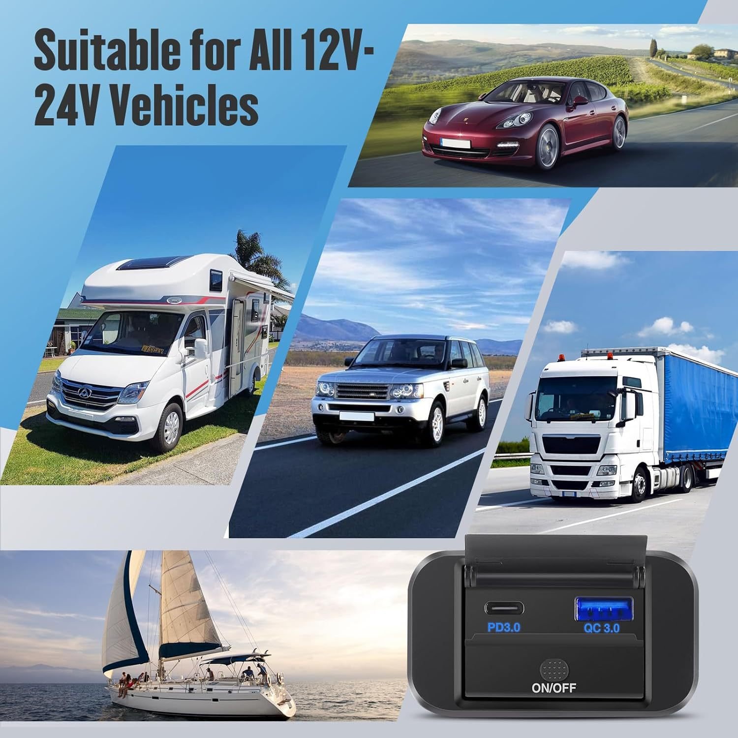 78W RV USB Outlet 12V Socket Dual 30W PD3.0 USB-C and 18W QC3.0 Car USB Port with Button Power Switch for Boat Marine