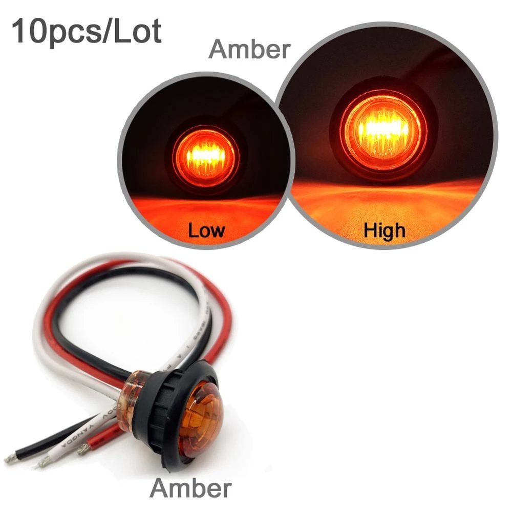 Waterproof 12V 3LED 3/4" Round Red Amber LED Side Marker Light for Truck Trailer ,with 3 Wires Setup, High Low Function