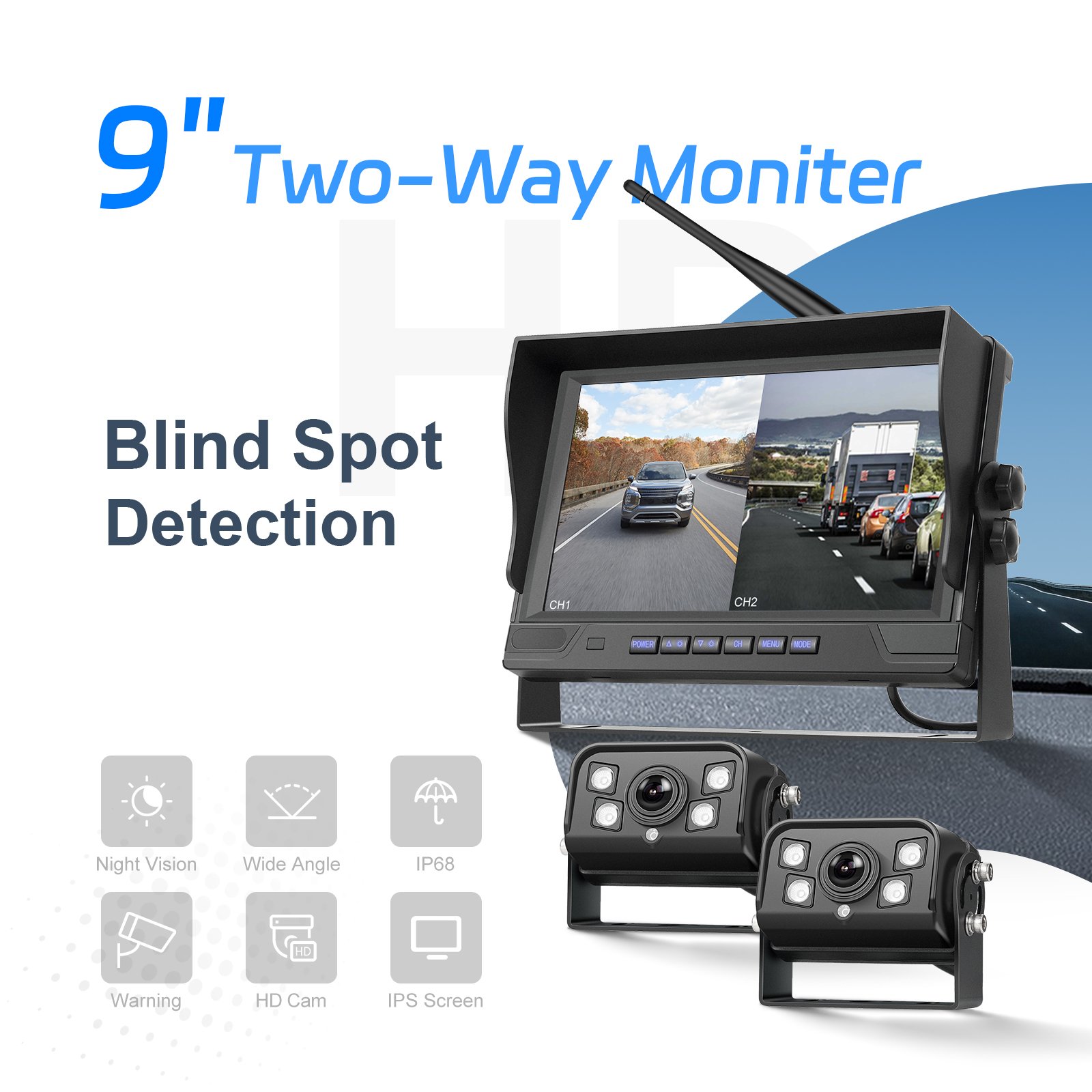 Podofo AHD Wireless Digital 2x Car Rear View Backup Cameras + 9" IPS Split Monitor for Truck Bus RV 12V-24V BSD Video Recorder