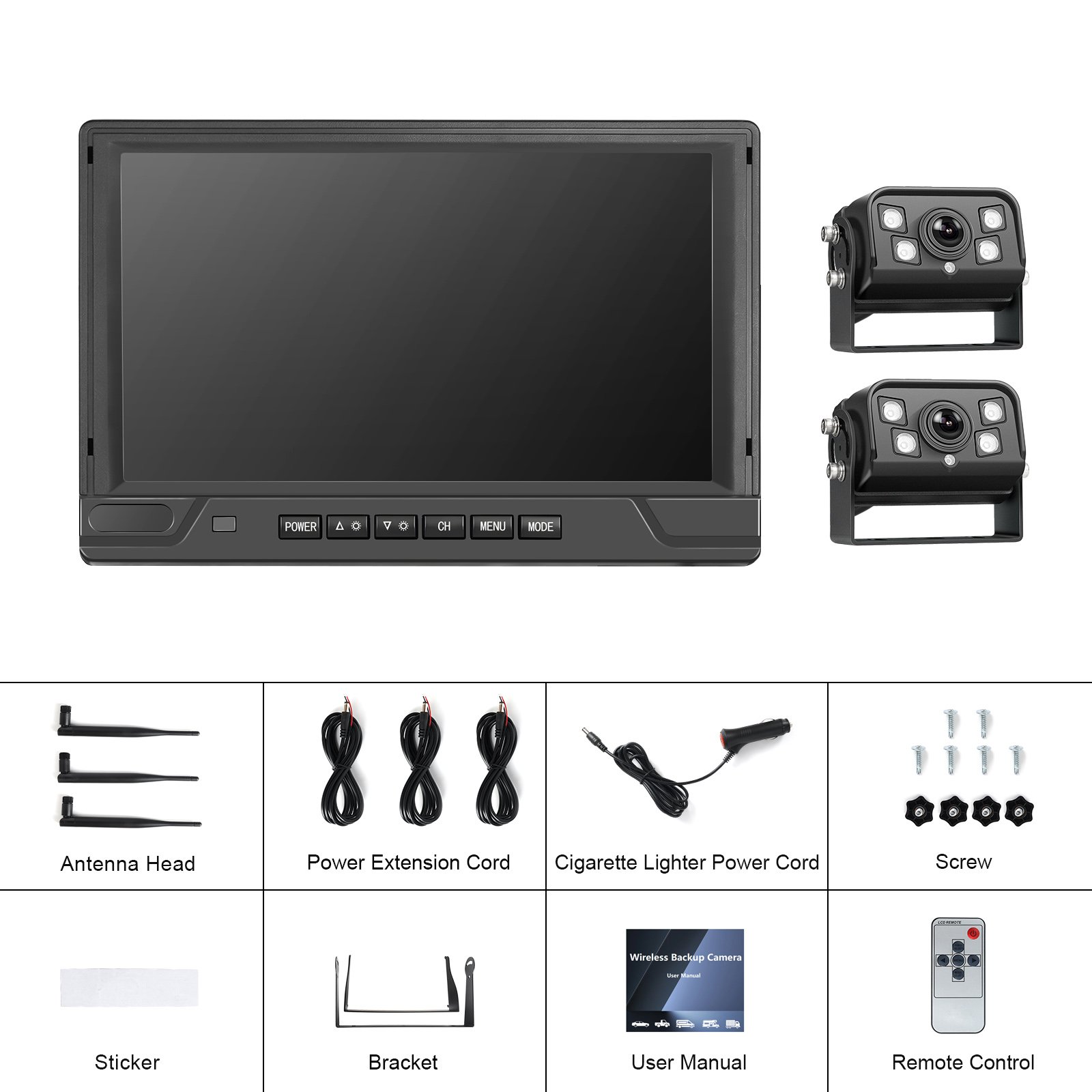 Podofo AHD Wireless Digital 2x Car Rear View Backup Cameras + 9" IPS Split Monitor for Truck Bus RV 12V-24V BSD Video Recorder