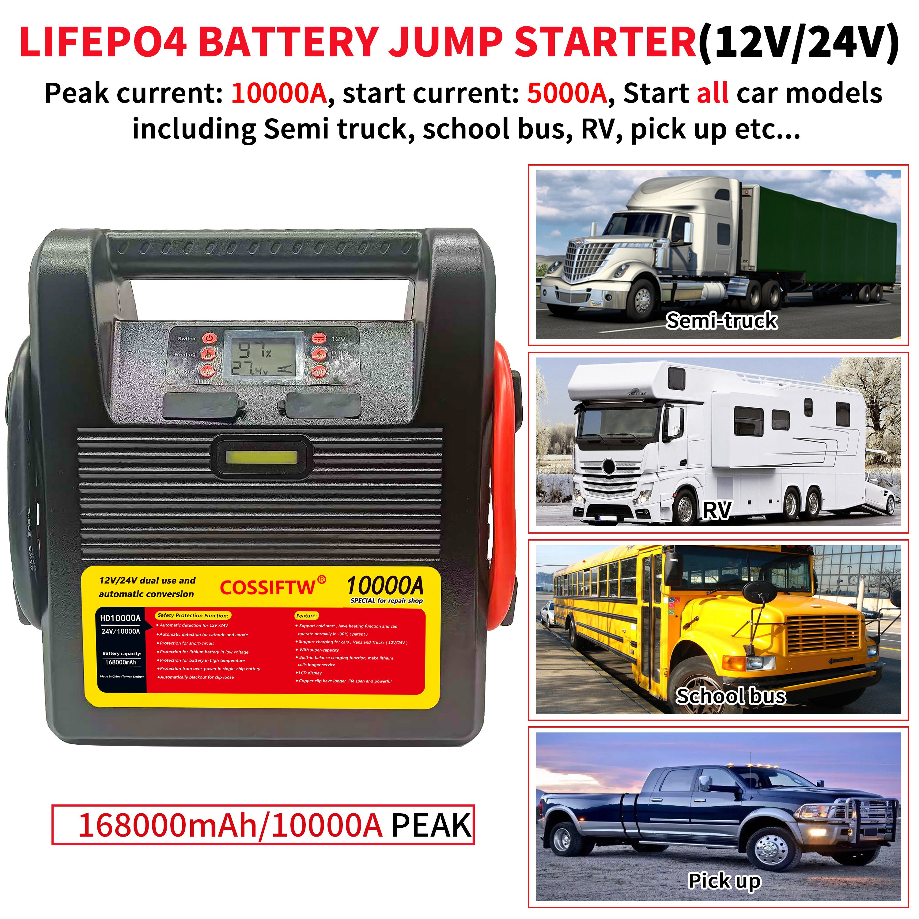 10000 Peak Amp 12V 24V Portable Car Battery Jump Starter and Power Pack