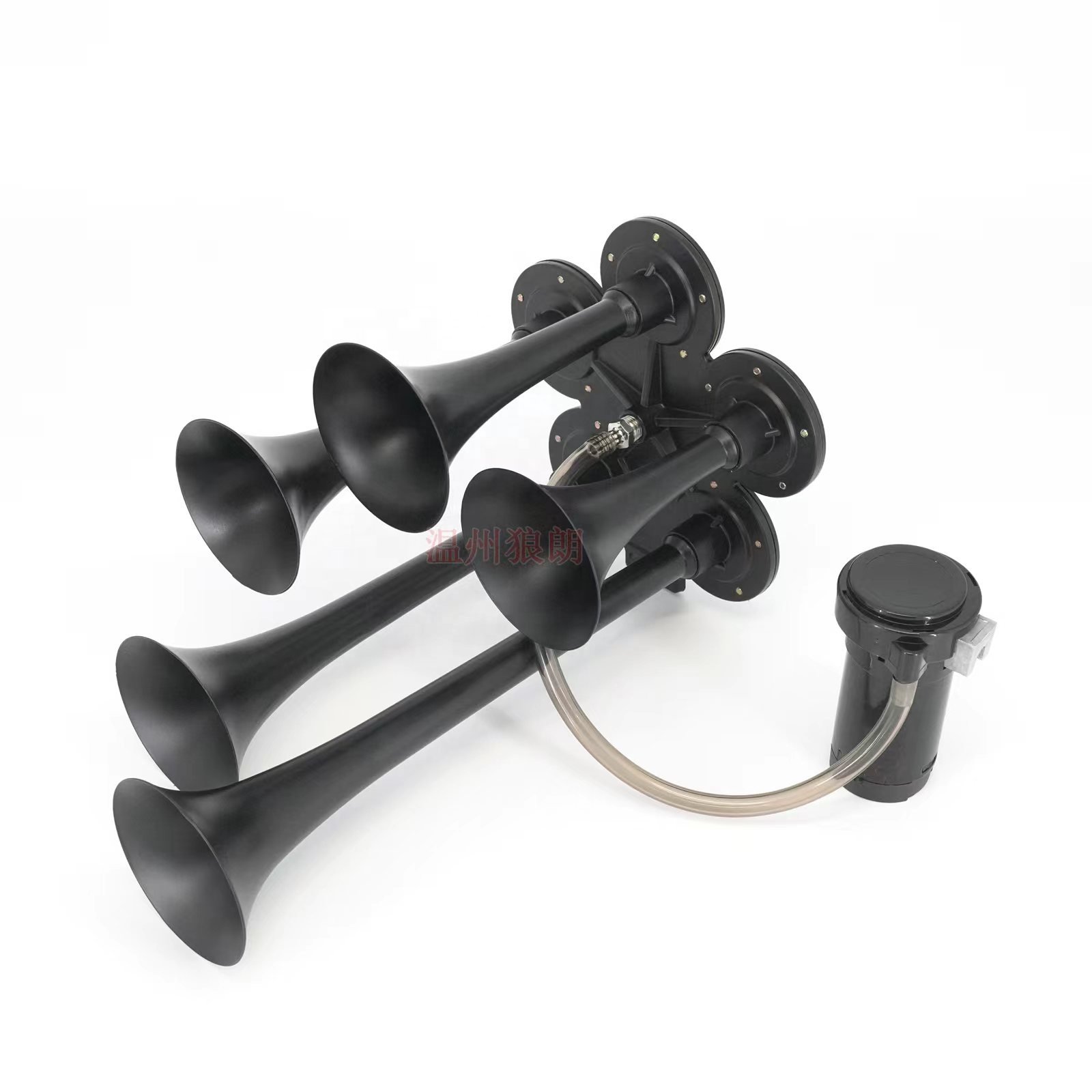 Black 5 Trumpet Train Air Horn with Compressor for Cars, Trucks, Boats, Buses - Super Loud Metal Chrome Air Horn Kit