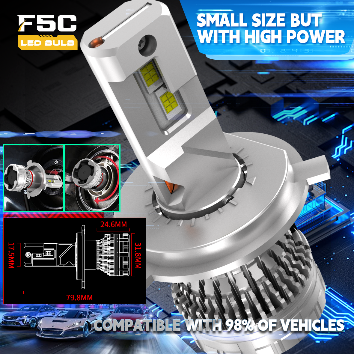 2pcs H1 H7 LED Headlight F5C H4 H8 H11 9005 9006 for Car 120W 12000LM Auto Headlamps White 6500K Bulbs 12V Lamps Vehicle Lights