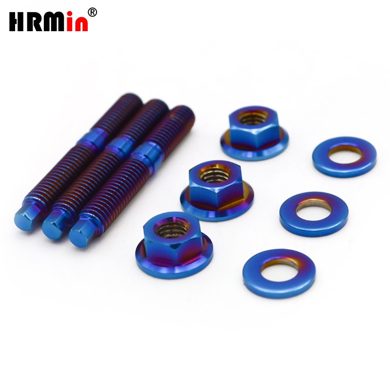 HRMin M6 Blue Titanium Exhaust Manifold Stud Hex Flange Nut Washer Kit High Performance Car Automobile Motorcycle Vehicle New