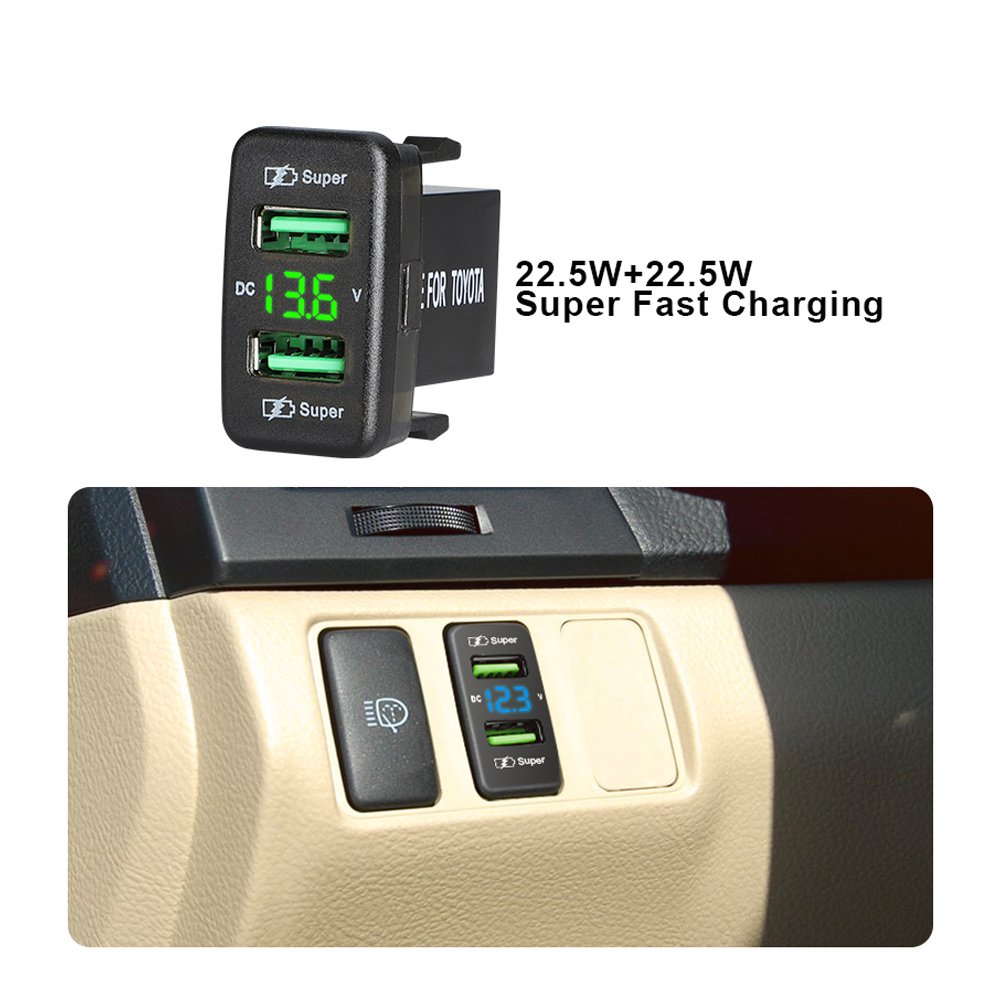 LED Voltmeter 45W Super Fast Car Charger QC 3.0 Car Charger Fast Charging Dual USB C Port Car Mobile Charger for Toyota Bus