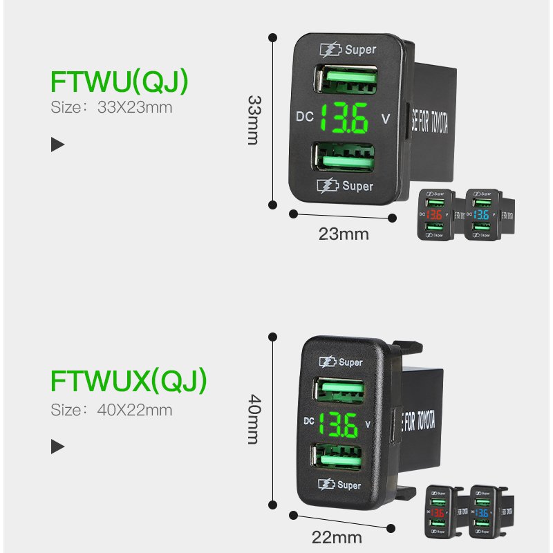 LED Voltmeter 45W Super Fast Car Charger QC 3.0 Car Charger Fast Charging Dual USB C Port Car Mobile Charger for Toyota Bus