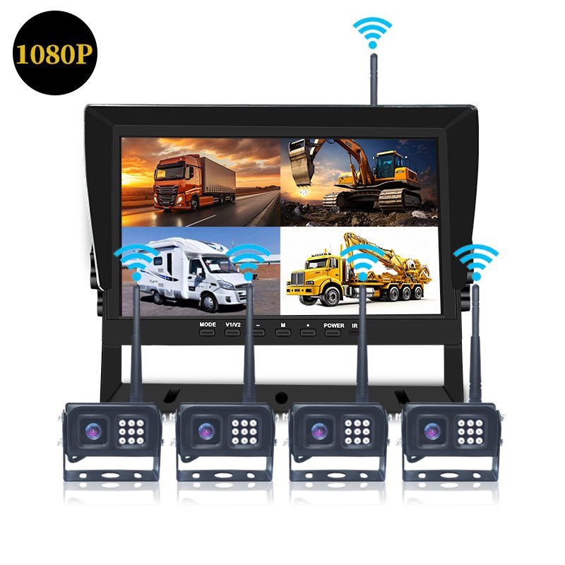Quad Split 10.1 Inch Display Dvr Monitor System with 4 Wireless WIFI Camera Kit Vehicle Security Blind Zone Monitoring System
