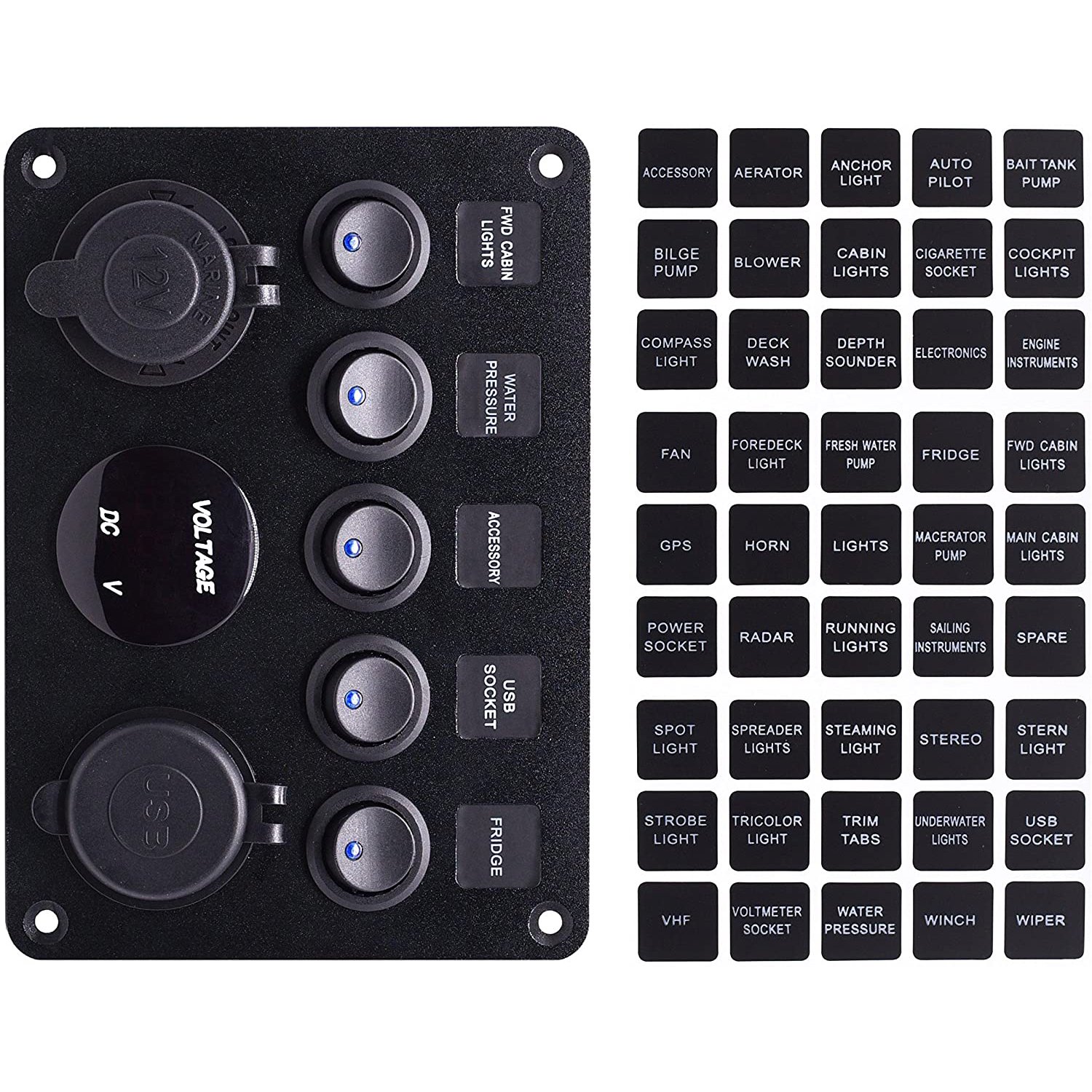 Dual USB Socket Charger 12V 24V on Off Toggle Switch 5 Gang Panel Switches Aluminum Switch Panel With Sicker and Led Back Light