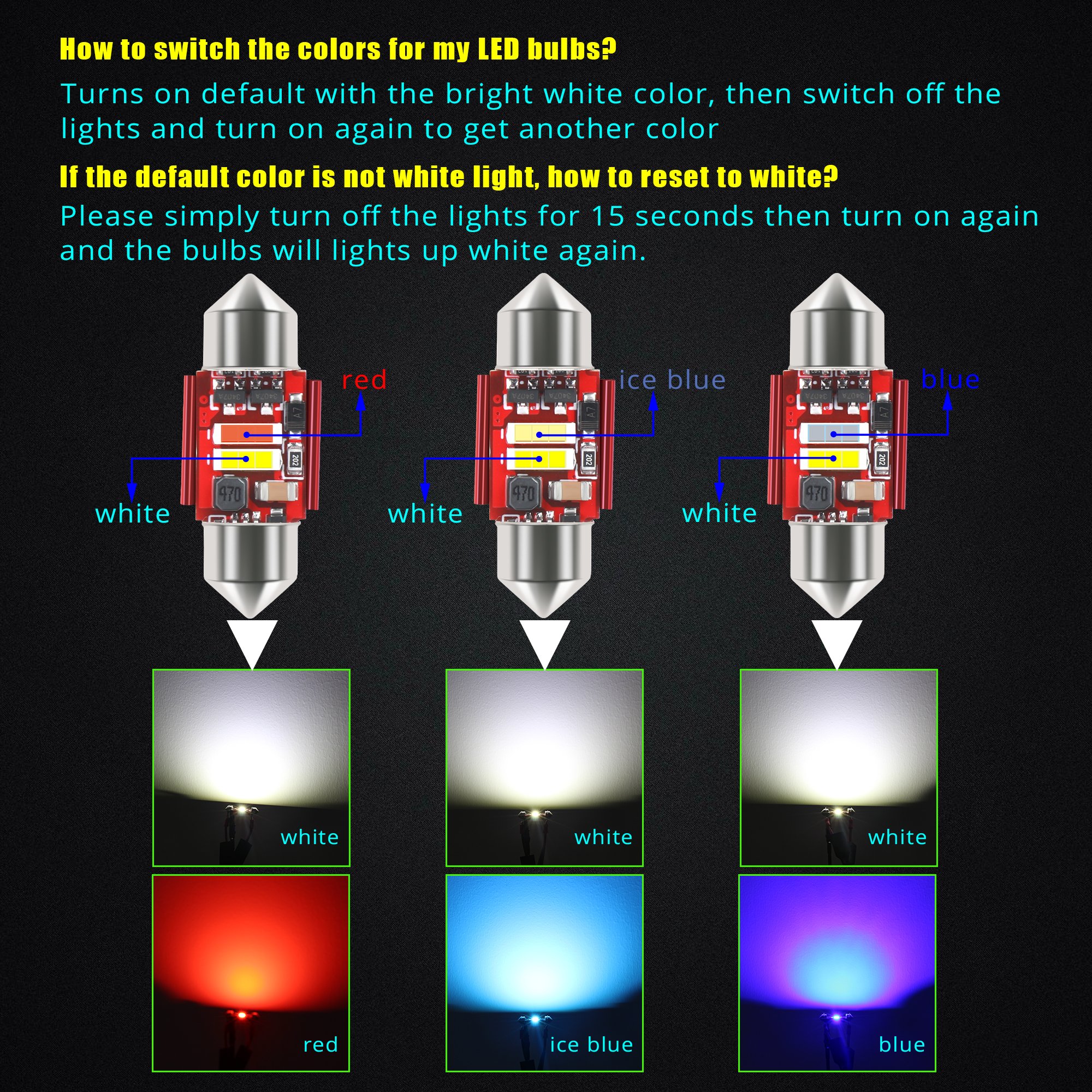 1860 2SMD Dual Color LED Festoon Bulbs, White/Ice Blue 8000K 31mm LED for Map, Dome, Door, Trunk, Stepwell Courtesy Lights