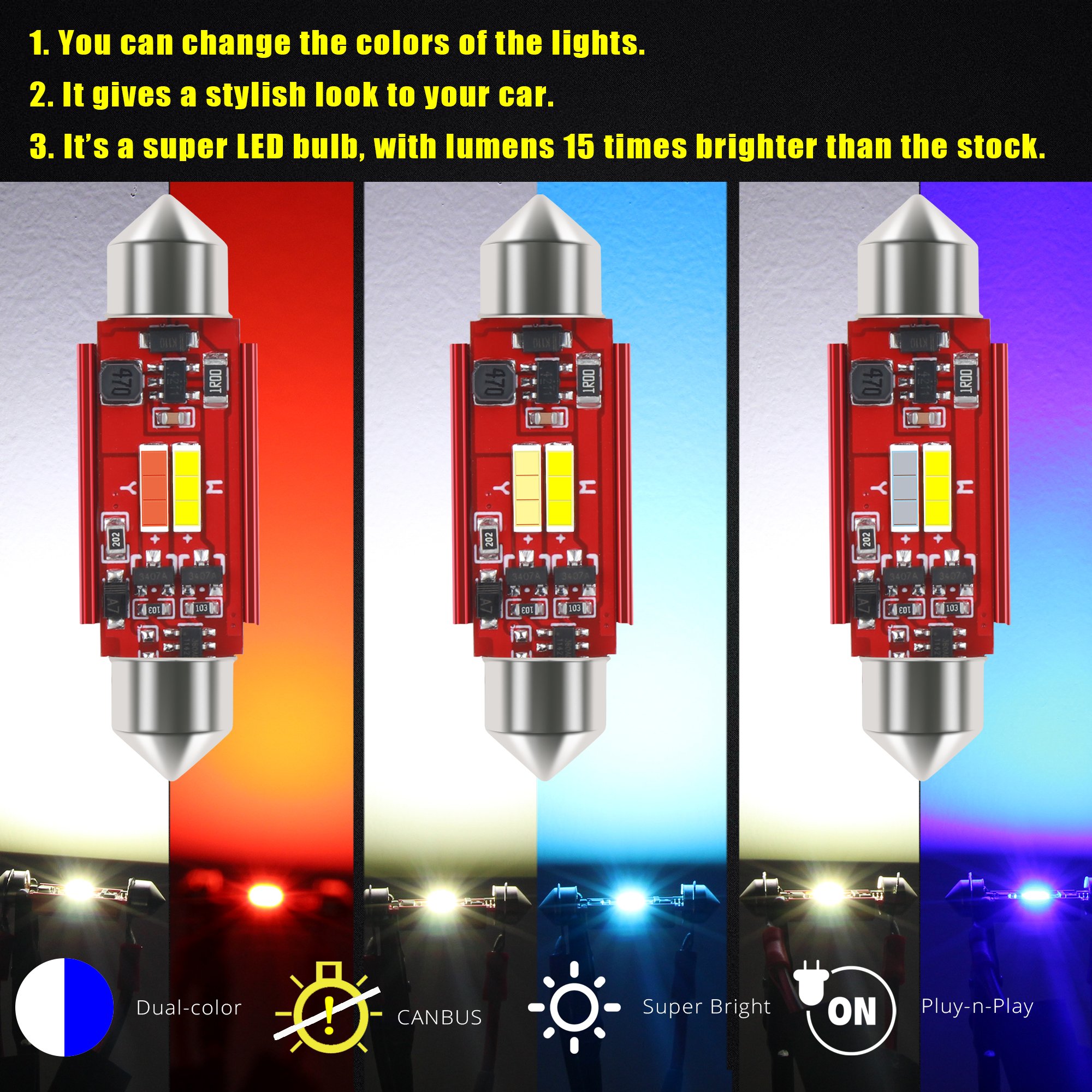 1860 2SMD Dual Color LED Festoon Bulbs, White/Ice Blue 8000K 31mm LED for Map, Dome, Door, Trunk, Stepwell Courtesy Lights