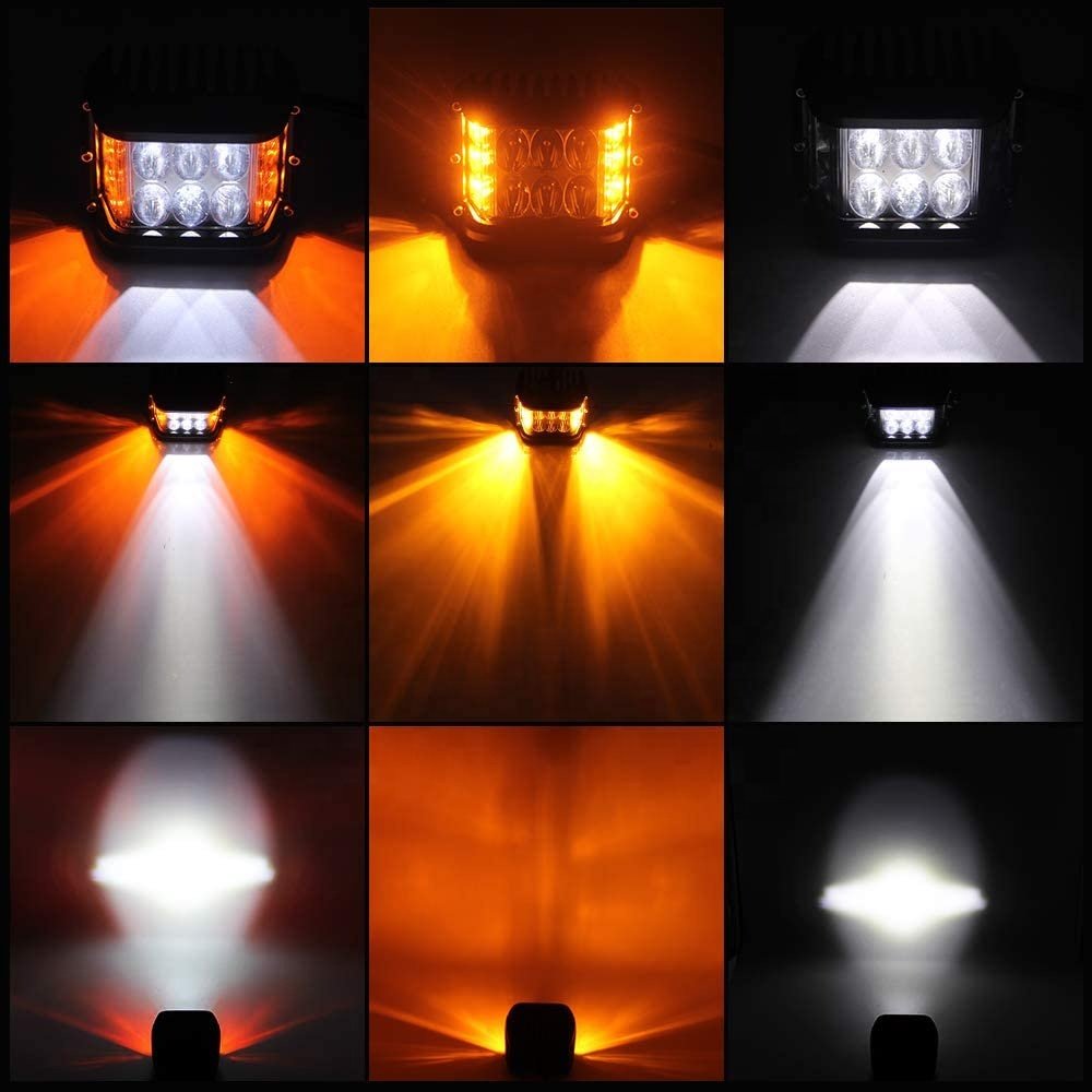 LED Side Shooter Light Bar 4 Inch White Off-Road DRL Driving Flood Spot Work Pods Light with Dual Side Amber Flash Strobe Lights