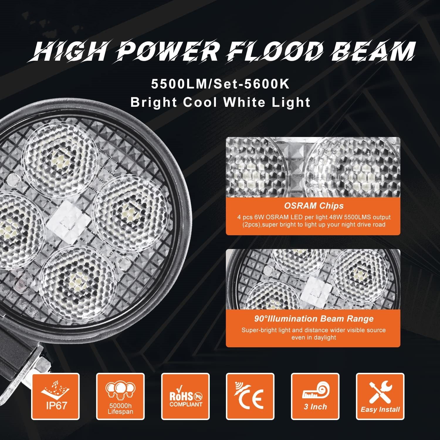 Round LED Light 3 Inch 24 W 2200 LMS Flood Light 12-30 V Led Work Lights for Truck 4 OSRAM Lamp Beads