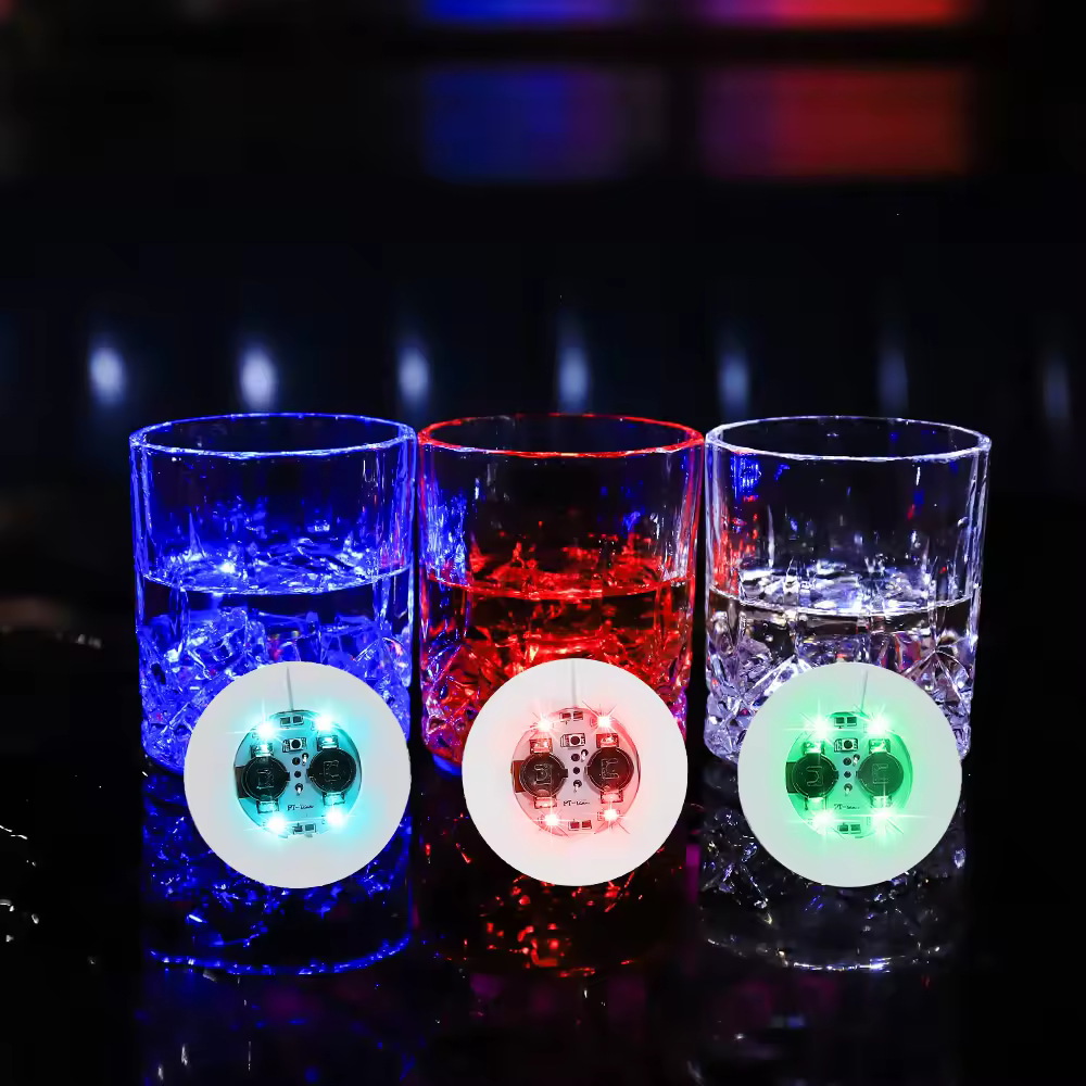 Custom Logo White Green Red Colorful Luminous Bar Round Led Light Coaster for Birthday Wedding Christmas Bar Party Decoration
