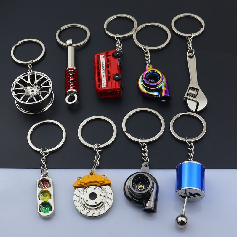 Dickmon Creative Auto Car Parts Keychain Mini Metal Bus Turbo Hub Model Keyring Brake Disc Shock Absorber Shifter Keychains
