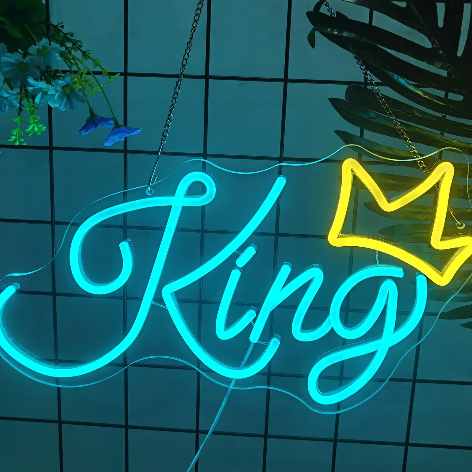 King Neon Signs for Wall Decor Blue LED Light Signs Golden Crown Neon Lights for Bedroom Kids Teen Boys Room Birthday Party Bar