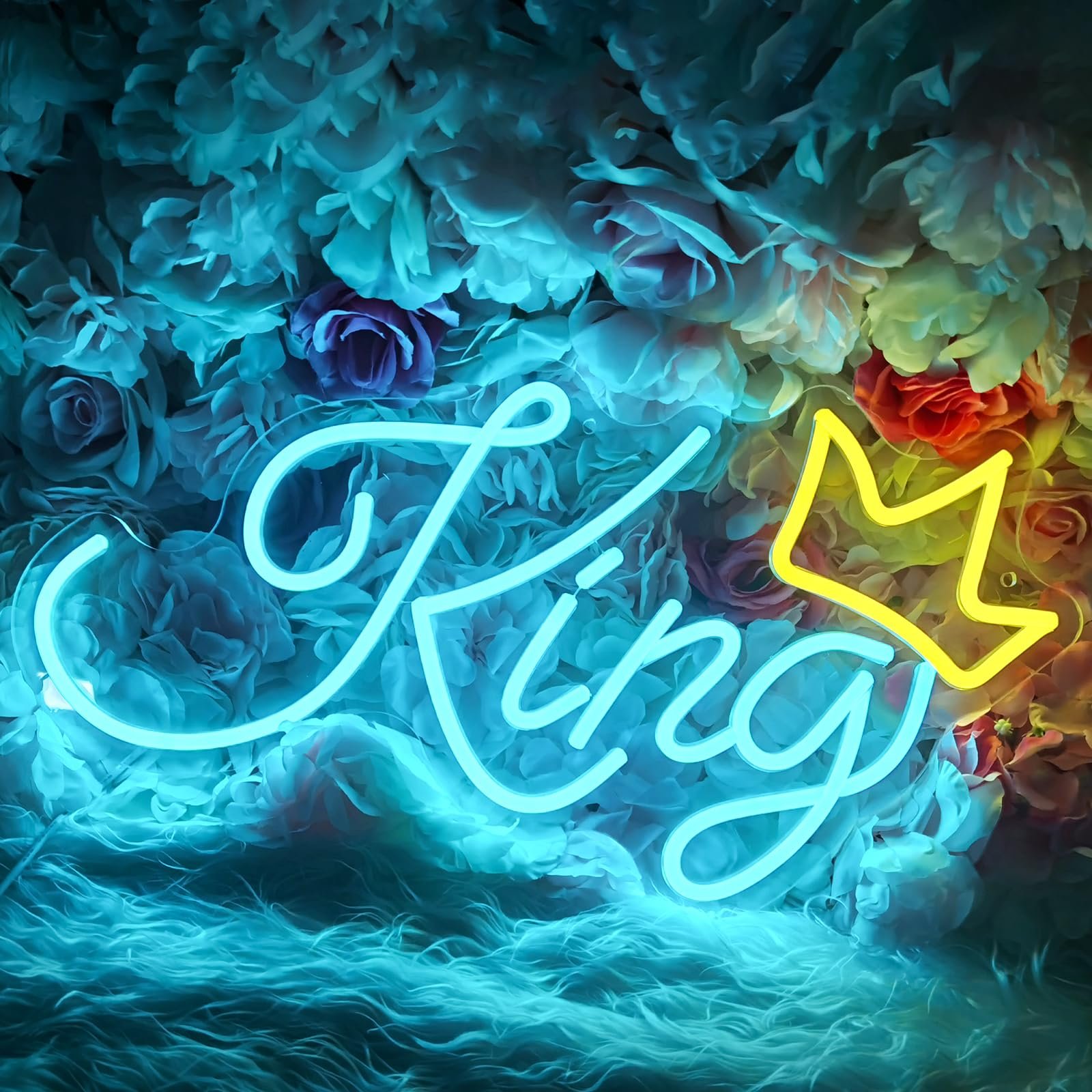 King Neon Signs for Wall Decor Blue LED Light Signs Golden Crown Neon Lights for Bedroom Kids Teen Boys Room Birthday Party Bar