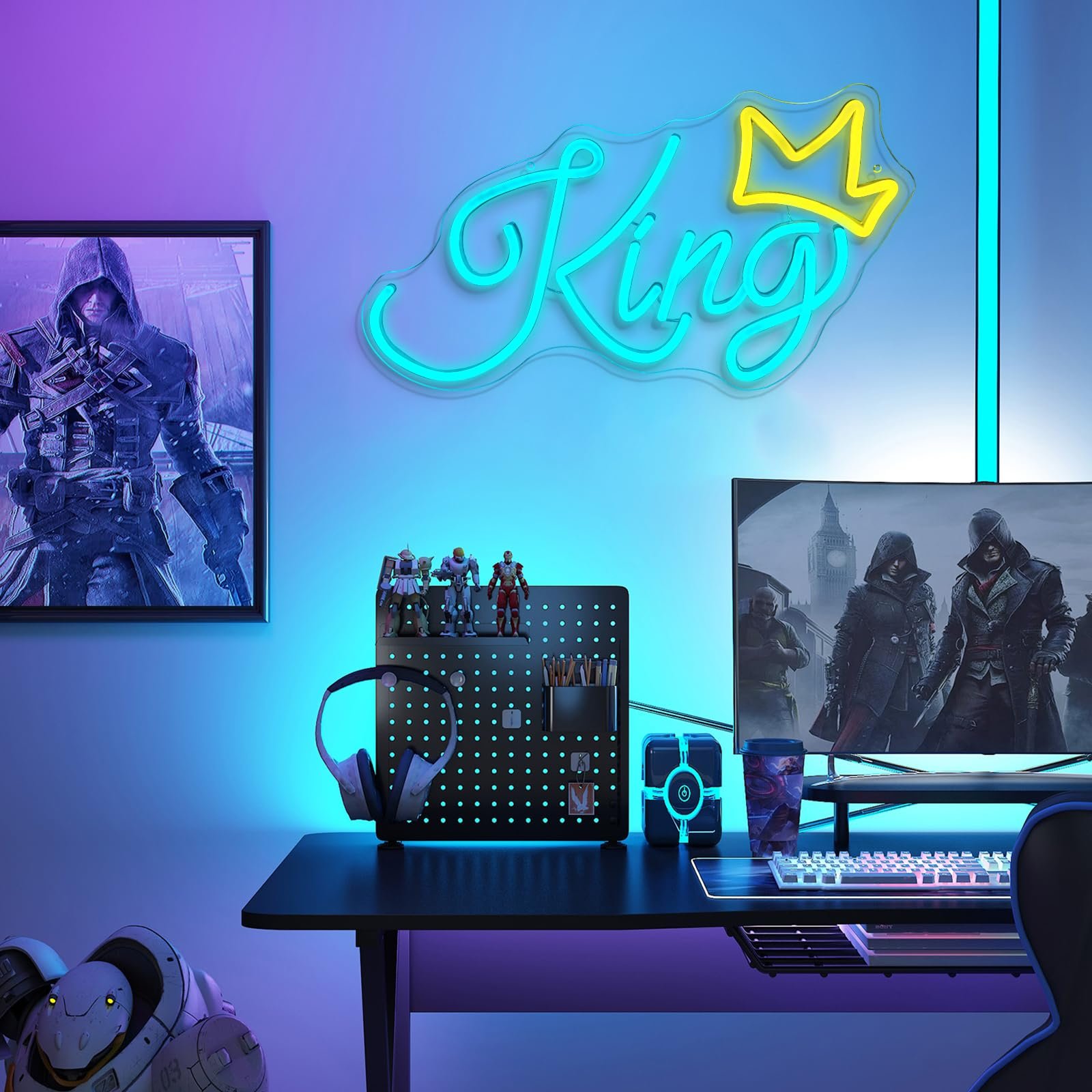 King Neon Signs for Wall Decor Blue LED Light Signs Golden Crown Neon Lights for Bedroom Kids Teen Boys Room Birthday Party Bar
