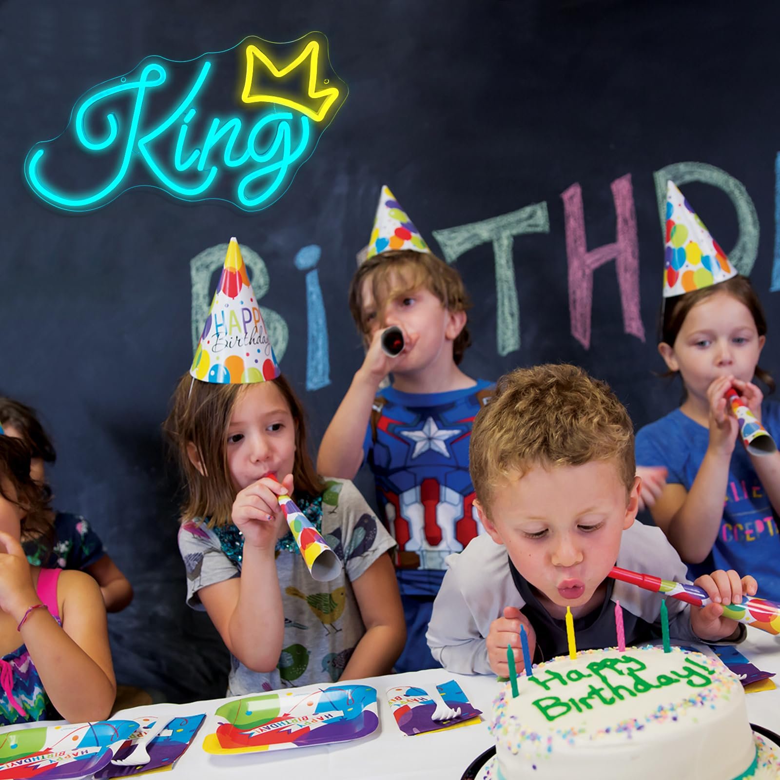 King Neon Signs for Wall Decor Blue LED Light Signs Golden Crown Neon Lights for Bedroom Kids Teen Boys Room Birthday Party Bar