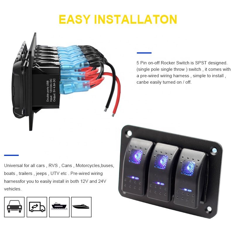 IP66 Marine Panel Switch 6 Gang Switch Panel ON-OFF Led Car Light Rocker Switch Panel 12V for Truck RV Boat Motorcycle