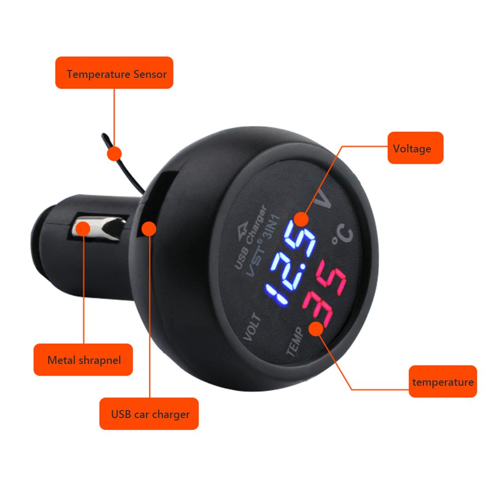 3 in 1 Digital Voltmeter Thermometer Blue Red LED DC 24V 12V Cigarette Lighter Socket 2.1A USB Car Charger for Car Bus