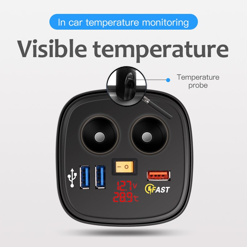12V Dual Cigarette Lighter Plug Voltmeter Temperature Cup Holder Car Charger 3 Port USB Socket Charger for Car