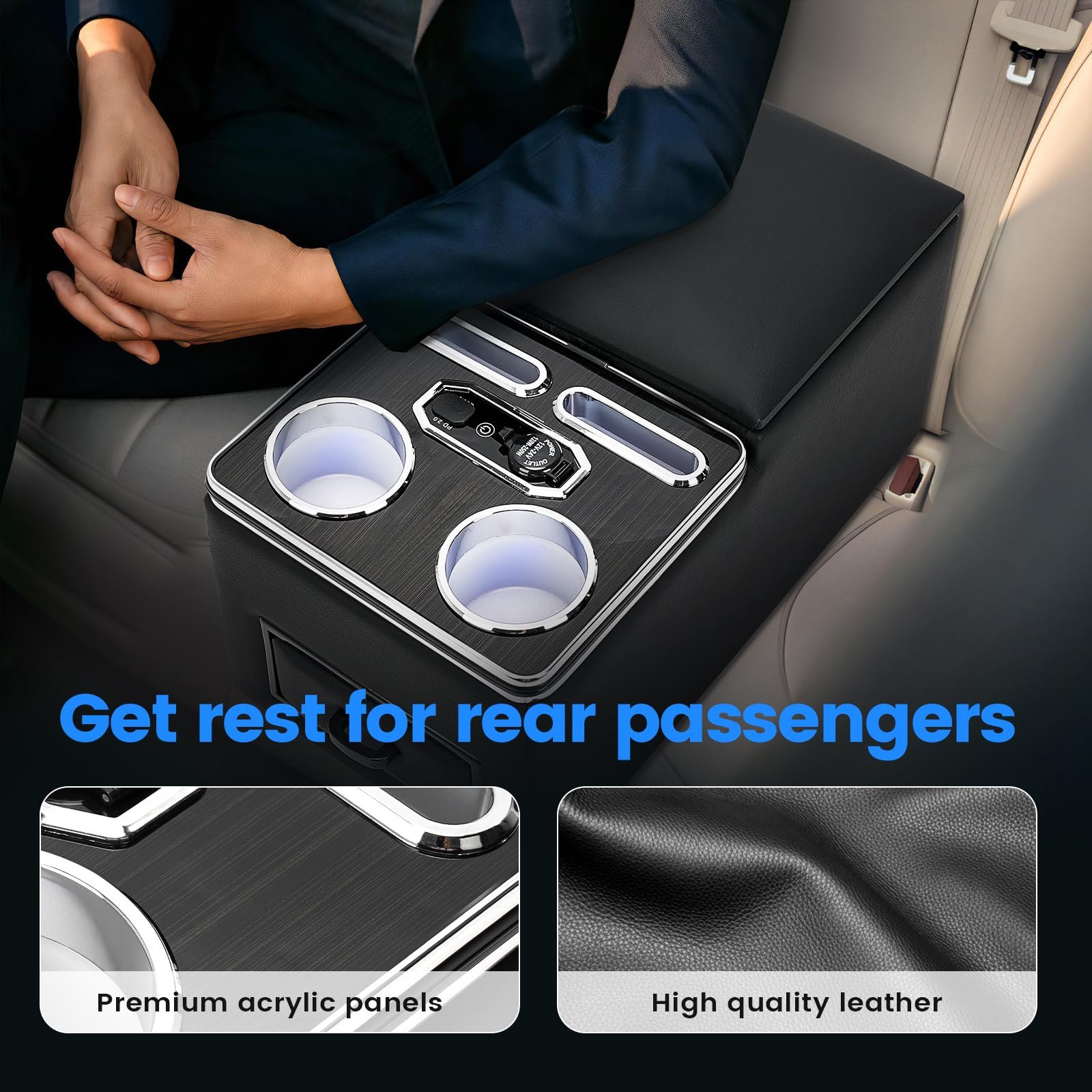 Center Console 7-Color Mood Lighting Center Console Organizer Rear Armrest Back Bench Seat Storage Box for Car Minivan Van Truck