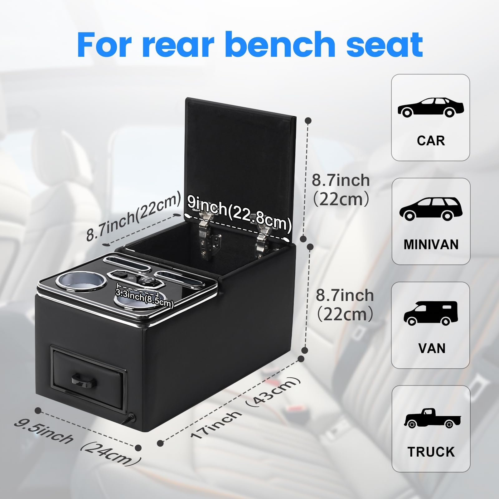 Center Console 7-Color Mood Lighting Center Console Organizer Rear Armrest Back Bench Seat Storage Box for Car Minivan Van Truck