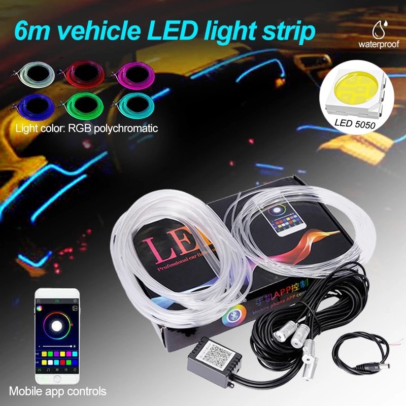Yosovlamp 5M 6M 8M RGB Car Fiber Optic Atmosphere Lamps App Remote Control Car Ambient Lamp EL CCFL Decorative LED Strip
