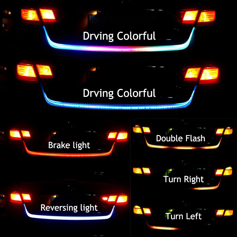 Car Rear Trunk Tail Light 120cm Colorful Dynamic Reverse Warning LED Strip 12v Auto Additional Brake Follow Turn Signal Lamp