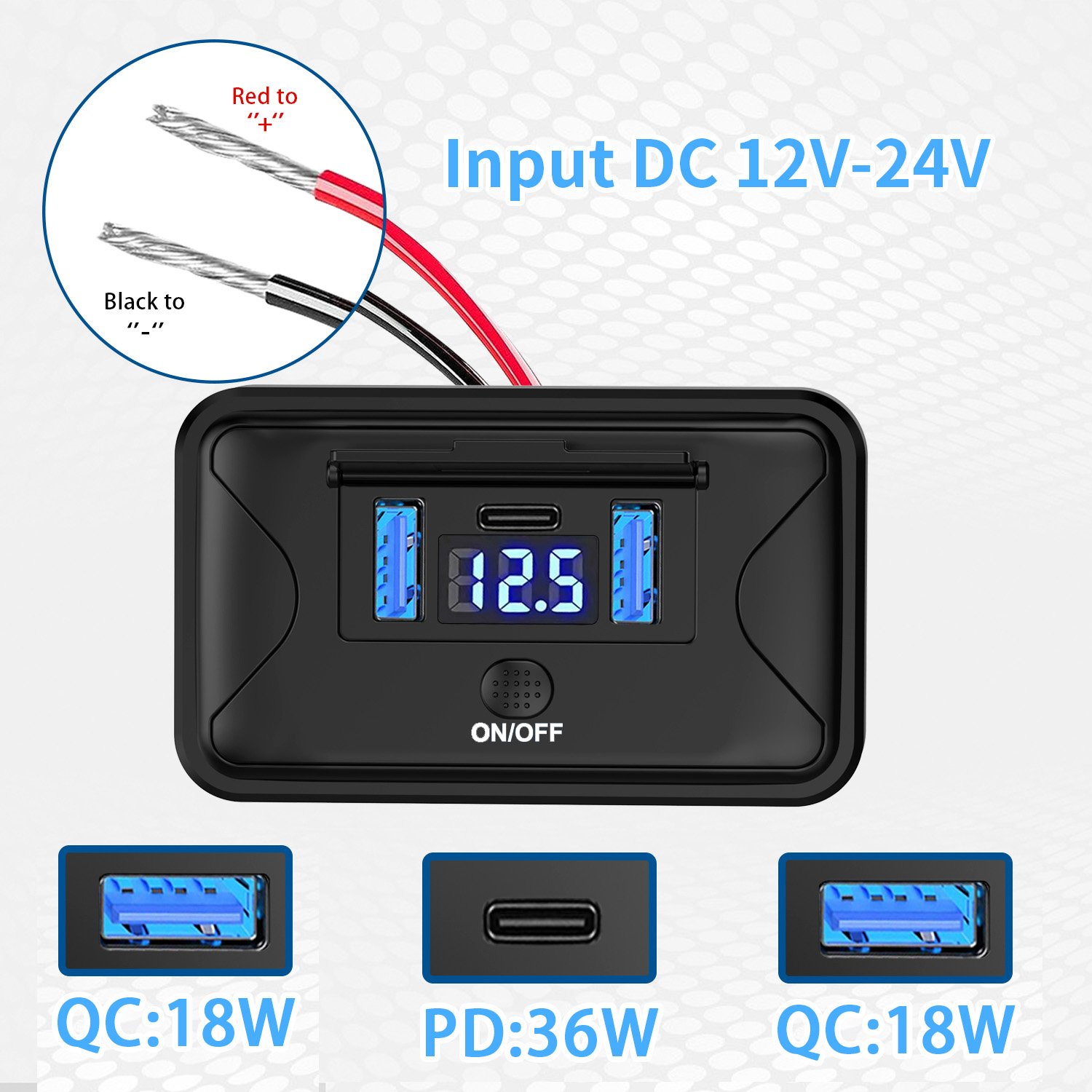 Hot 72W Dual PD+QC3.0 RV USB Wall Outlet Car Charger ON-OFF Button PC Material 12-24V Monitoring Cars Bus Boat Golf Motorcycle