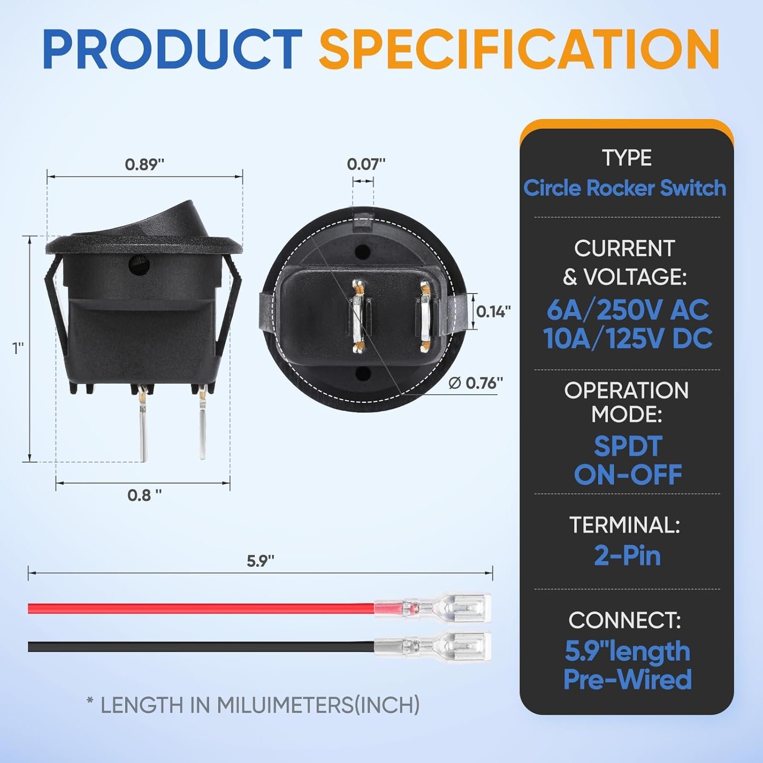 12V Circular Rocker Switch 2Pin AC 6A/250V 10A/125V SPST 2 Position On/Off Toggle Switch KCD Rocker Switch T85 for Car Boat RV